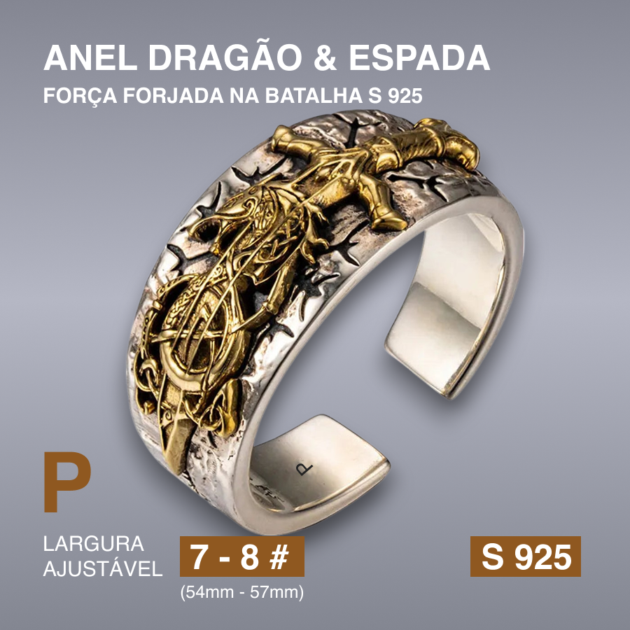 Anel Dragão & Espada – Força Forjada na Batalha S 925