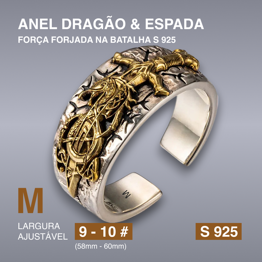 Anel Dragão & Espada – Força Forjada na Batalha S 925