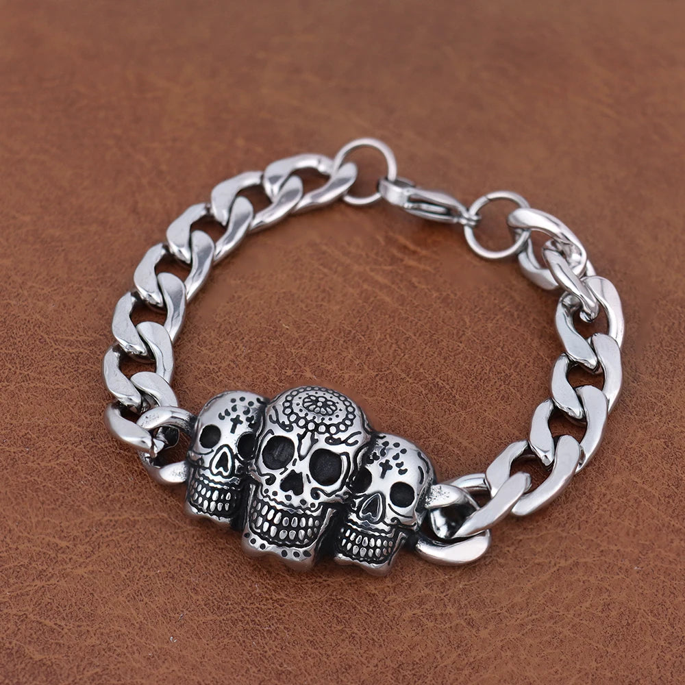 Bracelete Tríade de Hel – Caveiras em Aço Inoxidável