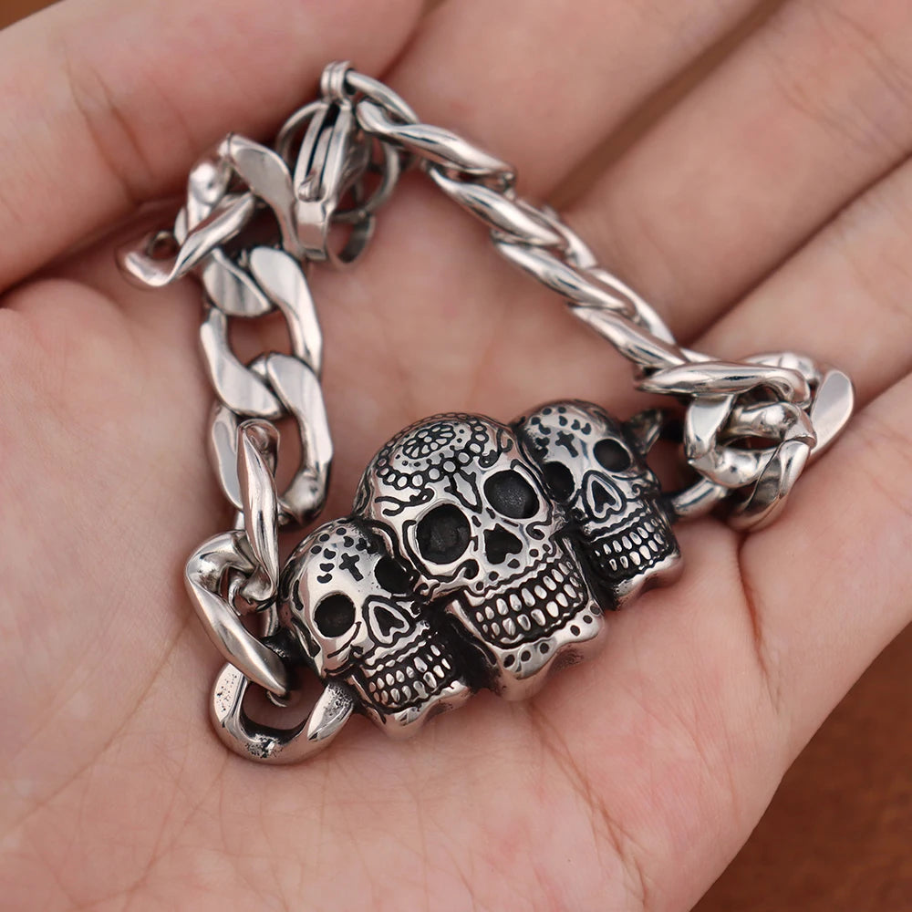 Bracelete Tríade de Hel – Caveiras em Aço Inoxidável