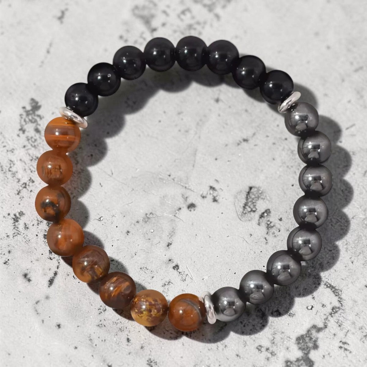 Bracelete Tríade — Olho de Tigre, Obsidiana e Hematita