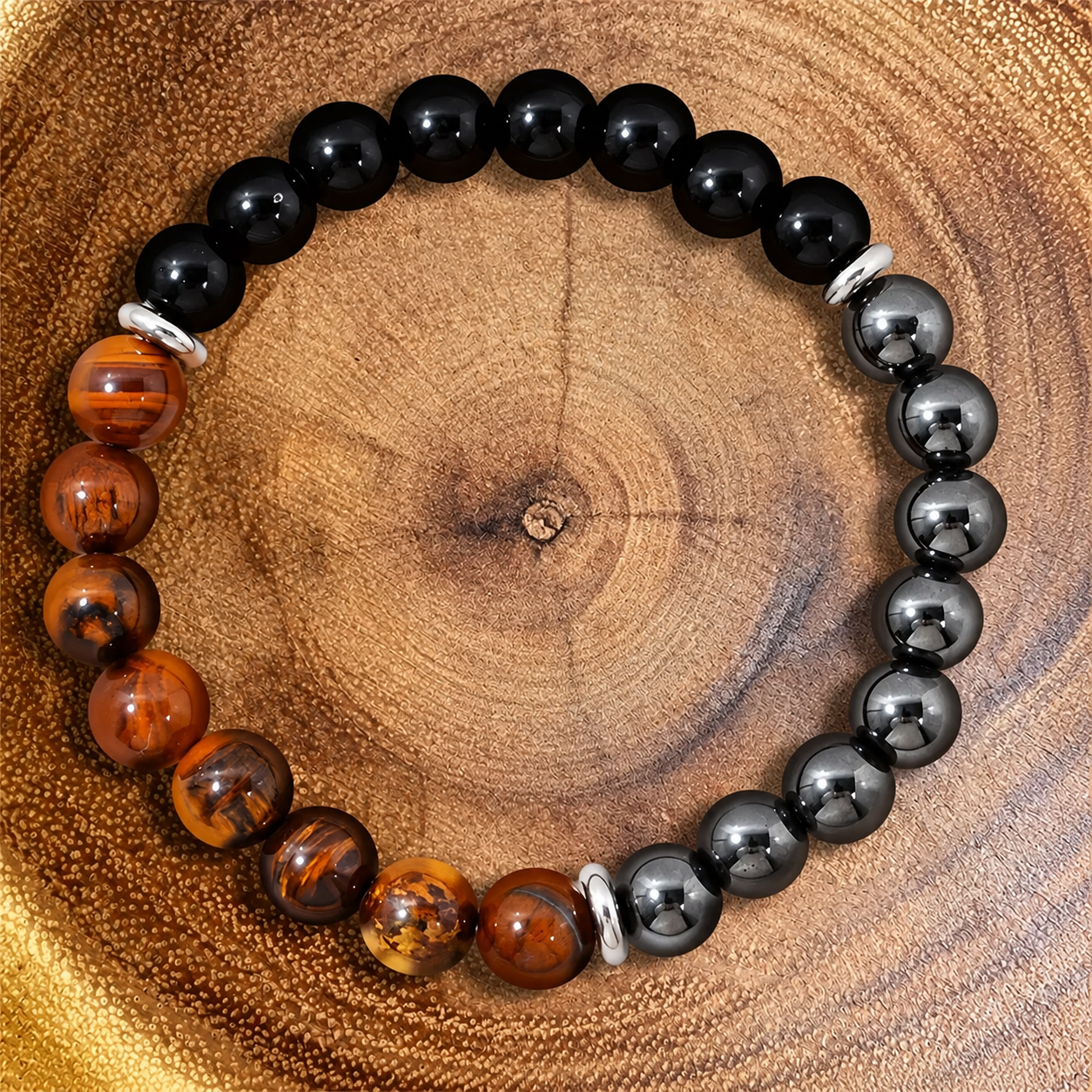 Bracelete Tríade — Olho de Tigre, Obsidiana e Hematita