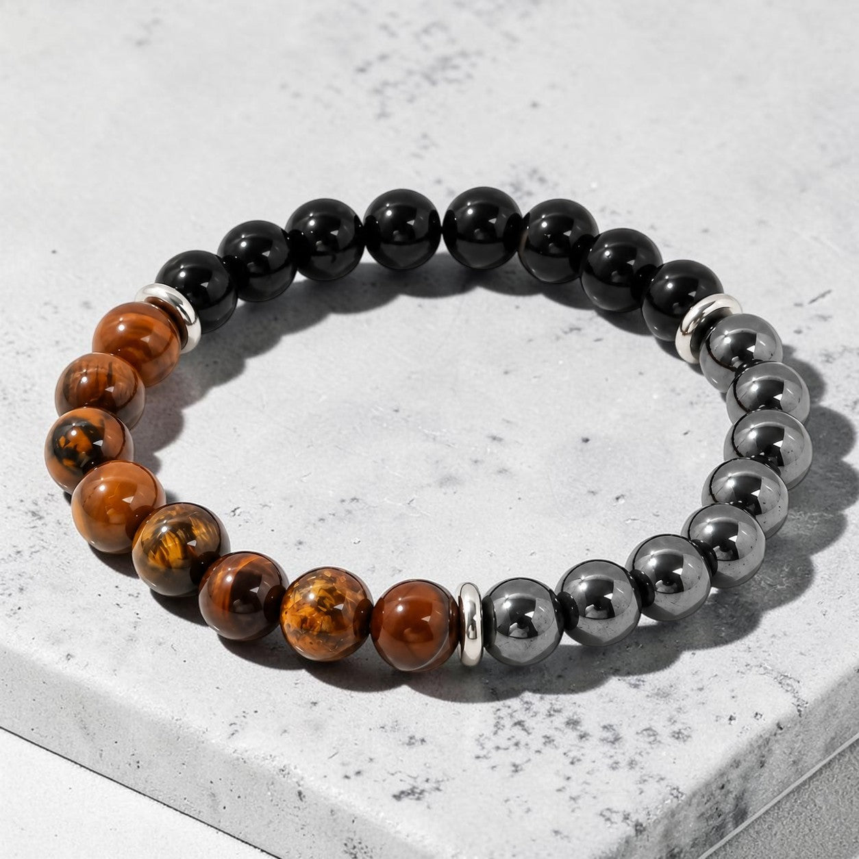 Bracelete Tríade — Olho de Tigre, Obsidiana e Hematita