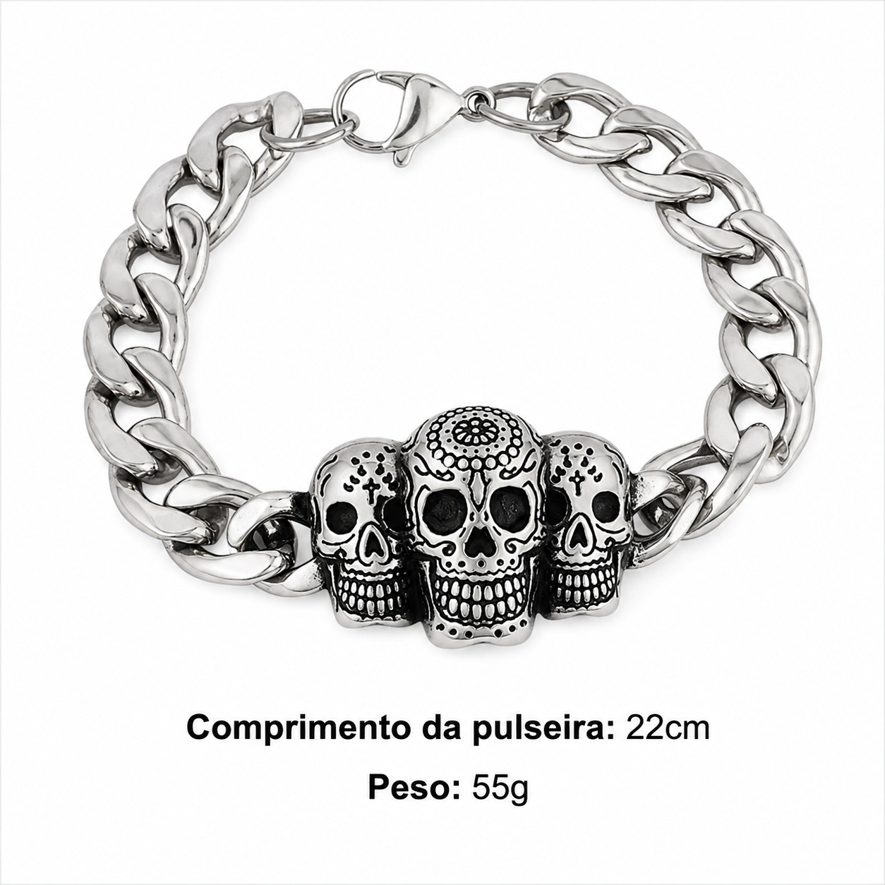 Bracelete Tríade de Hel – Caveiras em Aço Inoxidável