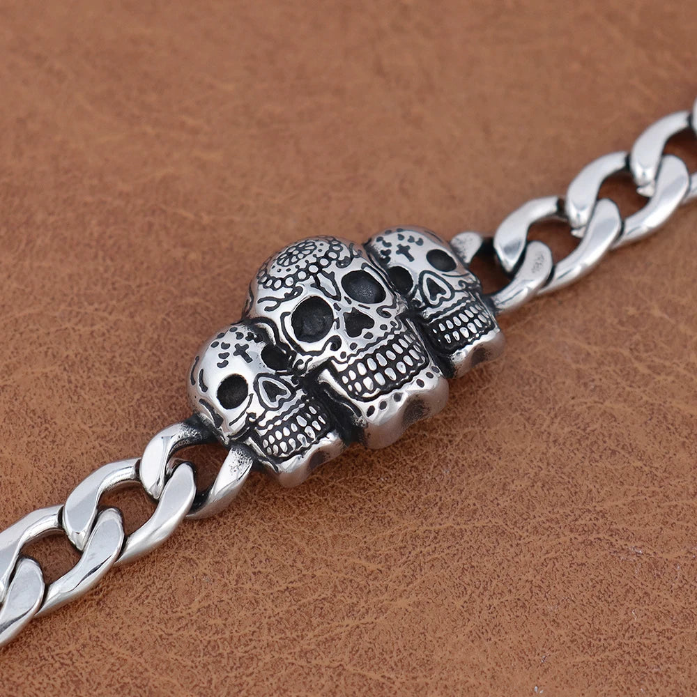 Bracelete Tríade de Hel – Caveiras em Aço Inoxidável
