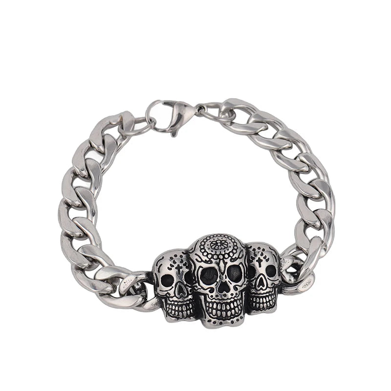 Bracelete Tríade de Hel – Caveiras em Aço Inoxidável