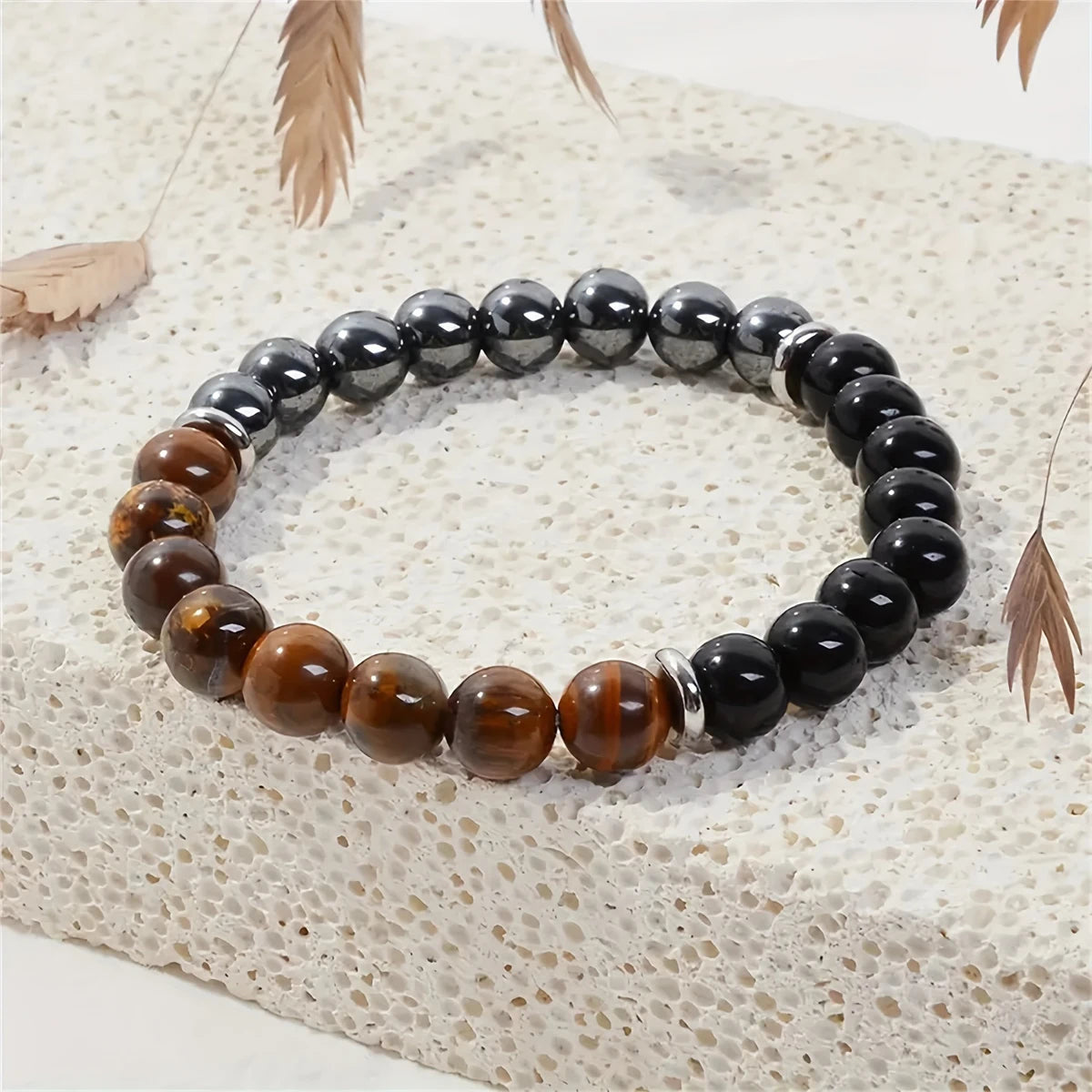 Bracelete Tríade — Olho de Tigre, Obsidiana e Hematita