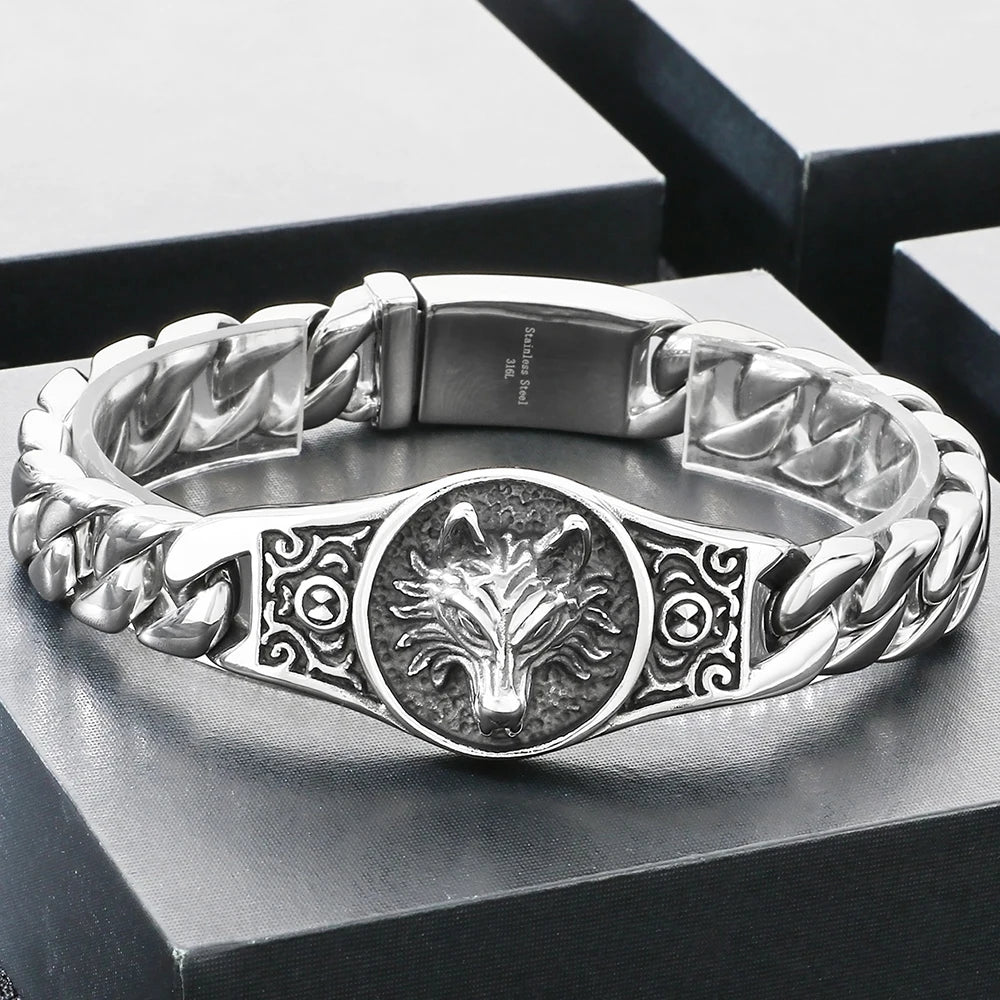 Bracelete Fenrir – Lobo Nórdico em Aço Inoxidável