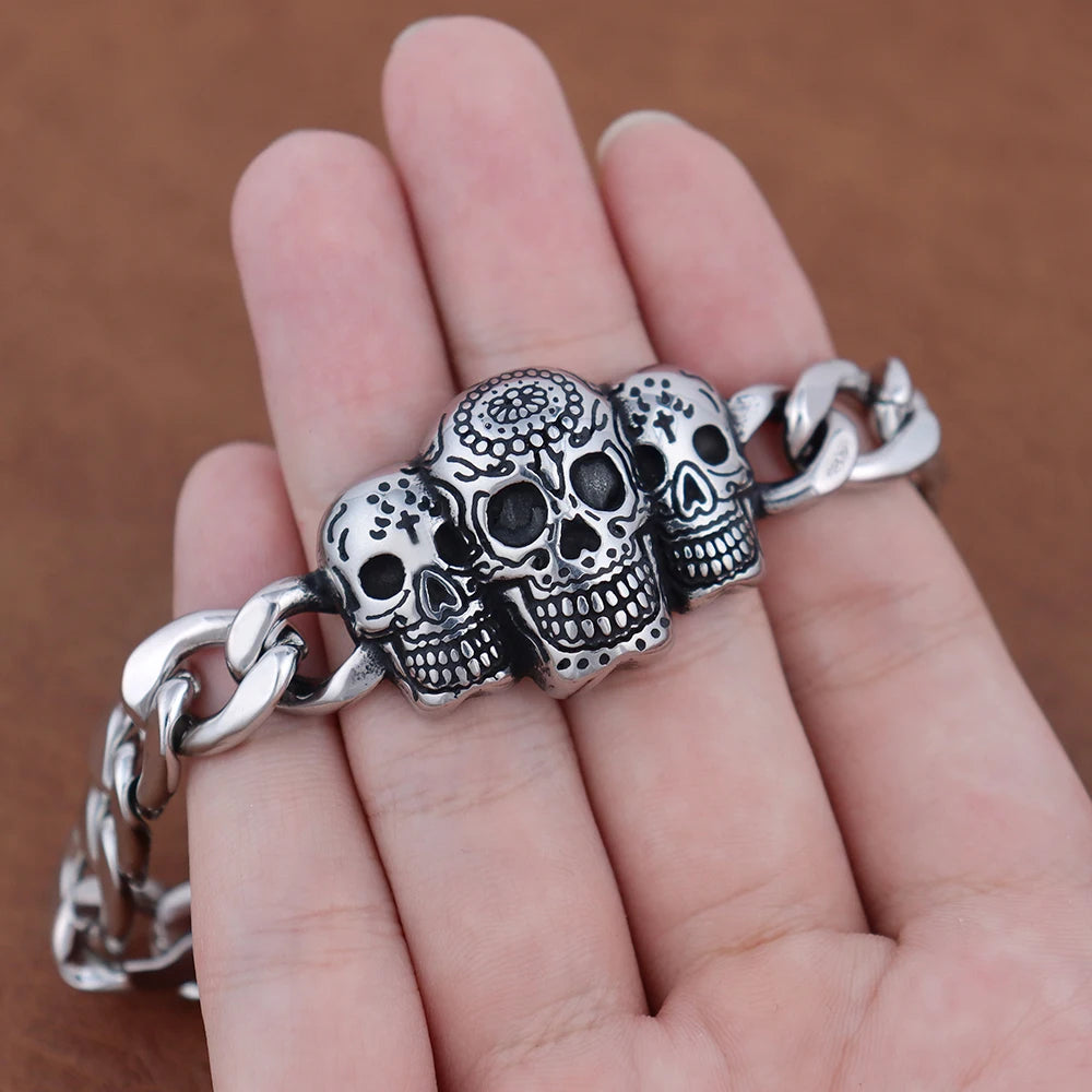 Bracelete Tríade de Hel – Caveiras em Aço Inoxidável